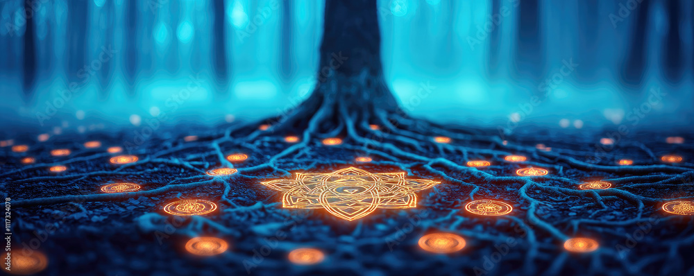 Poster enchanting forest scene with glowing patterns and mystical tree roots illuminated by blue light.