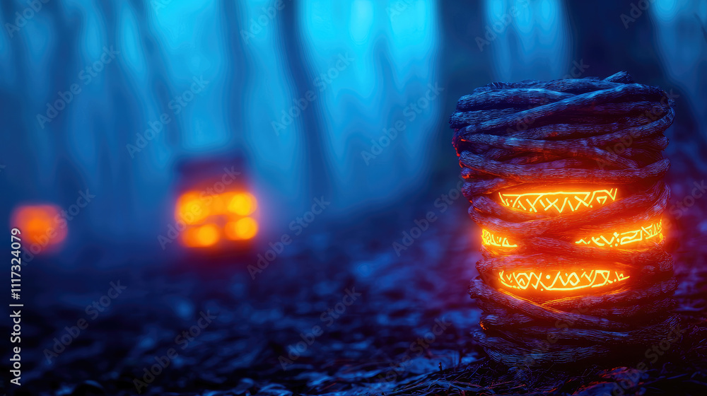 Aufkleber enchanting forest scene with glowing structures illuminating a mystical atmosphere.