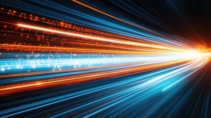 Abstract light streaks, blue and orange, converging. Illustrates speed, technology, or data flow concepts.