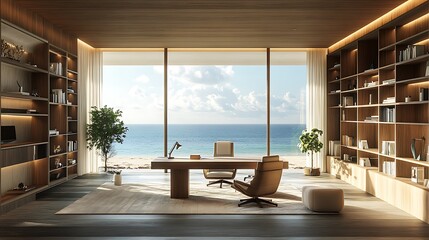 Fototapeta premium Modern office interior design with ocean views and serenity