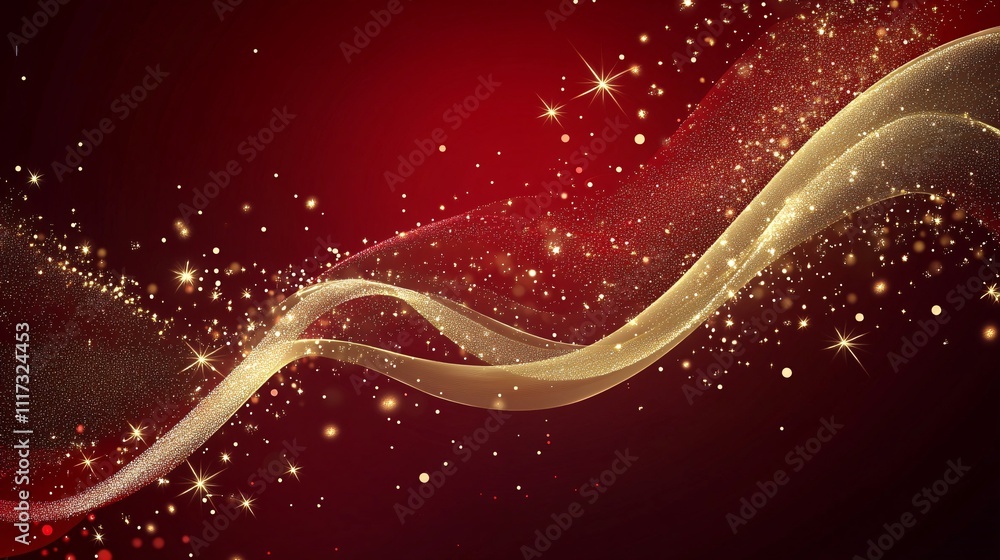 Poster sophisticated happy new year background with golden fireworks and sparkling lights on a deep red bac