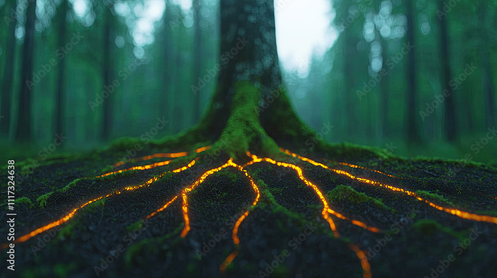 Poster glowing tree roots in a misty forest create a mystical atmosphere and enchanting view.