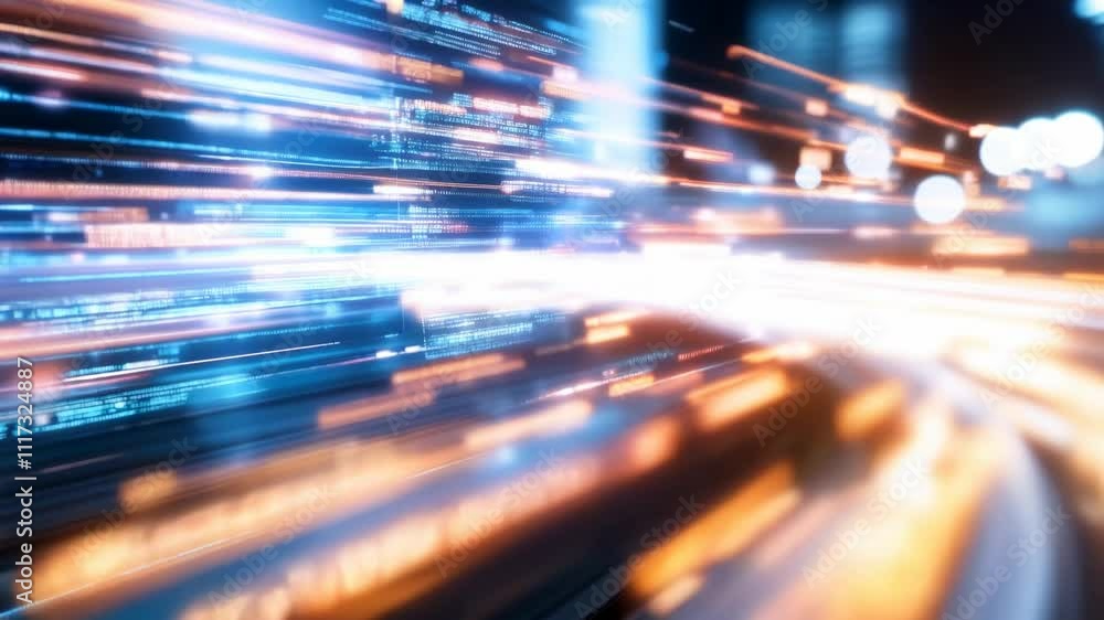 Aufkleber illuminated lines blur together as a cityscape brightens at night, showcasing dynamic light trails a