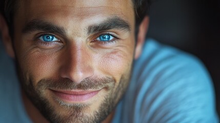 Obraz premium Close-up of a man with bright blue eyes and a subtle smile. Ideal for projects on beauty, confidence, or male attractiveness.