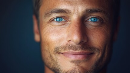 Obraz premium Close-up portrait of a man with bright blue eyes and a subtle smile. Ideal for projects needing a friendly, approachable male image.