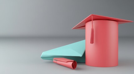 Graduation cap, diploma, and pen on a light gray background. 3D render.