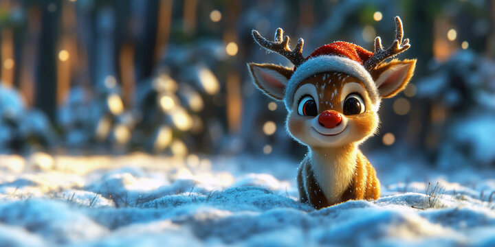 Christmas reindeer in santa hat. Smiling fawn with big eyes and red nose at snowy forest in 3d animation style. Winter 3d illustration of little deer. Christmas horizontal banner with copy space.