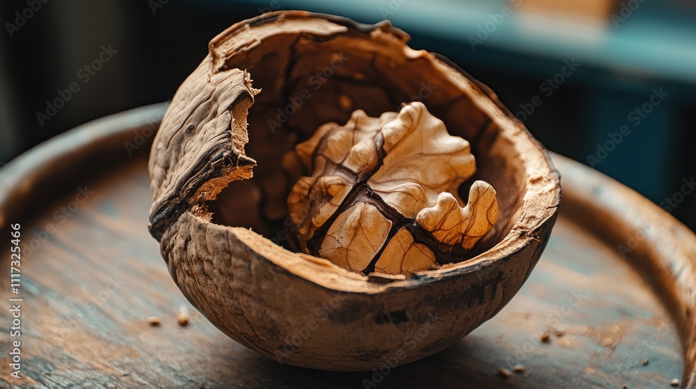 Poster cracked walnut shell reveals fragile nut inside