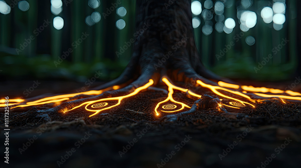 Poster illuminated tree roots glowing in a mystical forest setting.