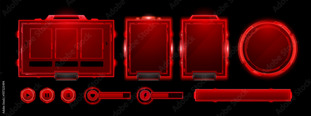 Poster red hud ui game frame. futuristic tech interface for hologram danger alert element. sci fi button an