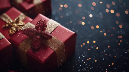 Beautifully Wrapped Christmas Gift Box.Festive Christmas Gift Boxes Background with Holiday Sparkle.
