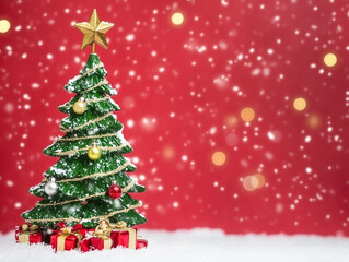 Christmas background with Xmas tree and sparkle bokeh on red background