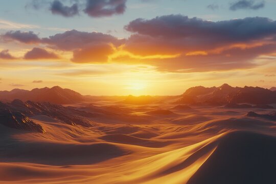 A serene sunset over rolling sand dunes and distant mountains.