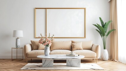 Interior of light living room with golden sofa, tables. Modern interior design with light empty mock-up wall and golden furniture, loft and vintage of living room