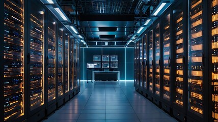 large AI-powered server room, filled with glowing servers and digital screens displaying real-time data processing and artificial intelligence models.