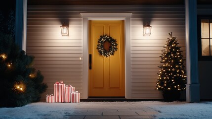 Cozy Winter Entrance with Holiday Decorations and Gifts Awaiting Celebration