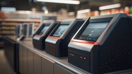 Fototapeta premium Modern Self-Checkout Kiosks in a Grocery Store