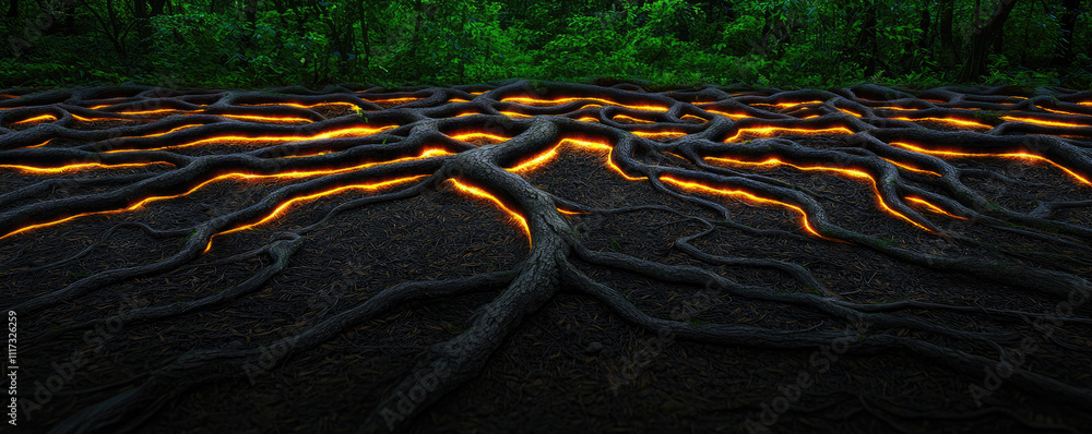 Poster lava flows through tree roots, creating a stunning contrast in a lush forest environment.