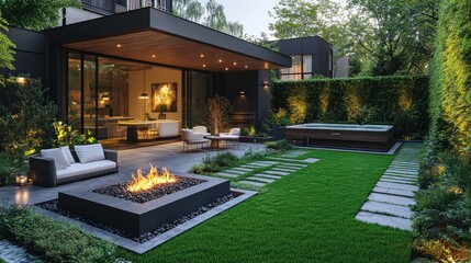 Modern backyard oasis with fire pit, hot tub, and sleek patio furniture.