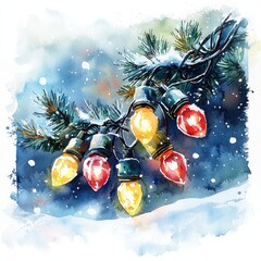 Watercolor painting of Christmas lights in the snow, on isolated white background