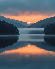 Fototapeta premium Verdant Horizon Adventures, Dramatic Sunrise Over Verdant Horizon and Calm Waters