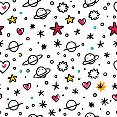 Seamless pattern with cute hand-drawn planets, stars, hearts, and flowers on white background.