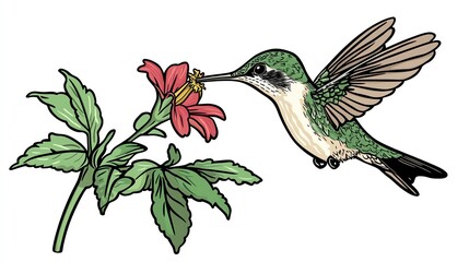Obraz premium a 2D cartoon illustration of a hummingbird drinking nectar from a flower, quick and colorful, white background--ar 16:9