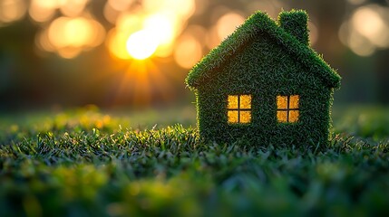 Naklejka premium A small, green, grass-covered house sits on a lawn, illuminated by warm sunset light, symbolizing eco-friendliness and sustainability.