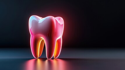 Abstract dental illustration featuring a glowing translucent tooth design with vibrant neon lines, set against a minimalist dark background for health and wellness themes