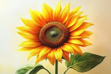 Fototapeta premium Bright sunflower with detailed petals and leaves in soft lighting