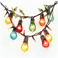 Watercolor painting of Christmas lights intertwined with garland, on isolated white background