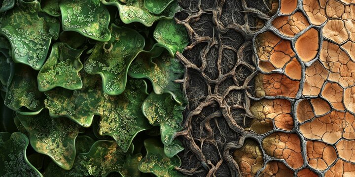 Lush Greenery vs Drought Stressed Soil High Resolution Plant Tissue Comparison