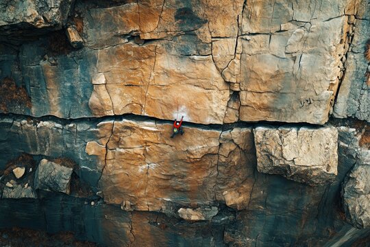 Rock climber scaling a vertical cliff face in rugged terrain