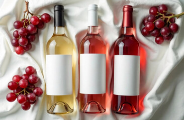 Three wine bottles mockup with blank labels and fresh grapes around. White, pink and red wine bottles on the white silk background