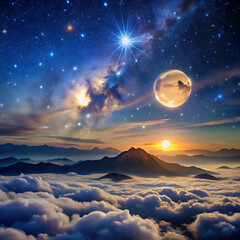 Fototapeta premium Moonlit Majesty: Twinkling Stars and Soft Clouds Over Distant Mountains