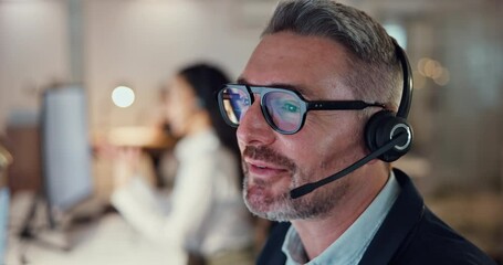 Call center, talking and consulting with business man in office for night, telemarketing or mortgage broker. Contact us, real estate advisor or communication with mature person at help desk agency