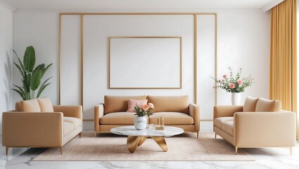 Minimalist interior design of a modern living room. Scandinavian home decor accessories with white color wall and mock up frame on wall