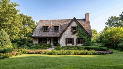 Obraz premium Charming Stone Cottage Surrounded by Lush Greenery and Vibrant Flowers