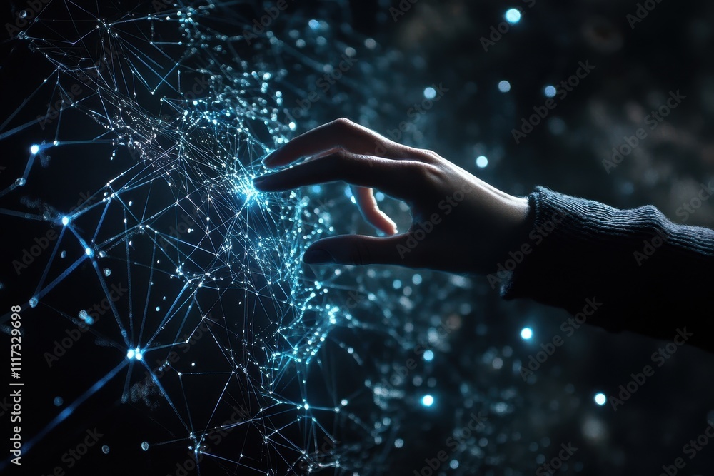 Poster a hand reaching out to a network of interconnected nodes, symbolizing technology and connection.
