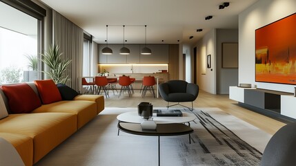 Contemporary living room in a stylish apartment, with bold accent colors, minimalist furniture, and sleek, modern lighting.