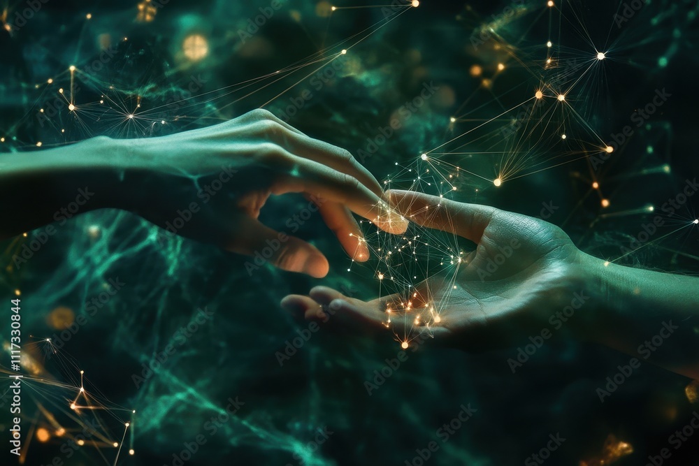 Poster two hands reaching towards each other, surrounded by glowing connections and abstract patterns.