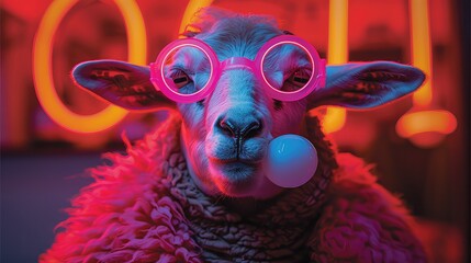 Portrait of sheep blowing bubble gum, wearing neon goggles