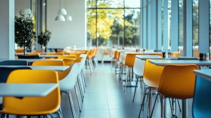 Bright and modern empty cafeteria with colorful chairs and large windows flooding the space with natural light, creating a serene and inviting atmosphere.