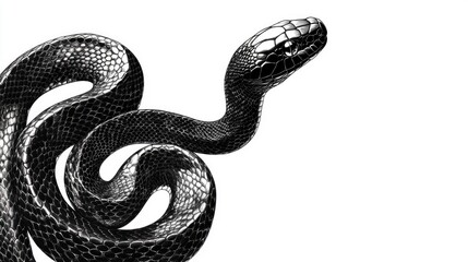A stylized black and white illustration of a snake coiling elegantly.