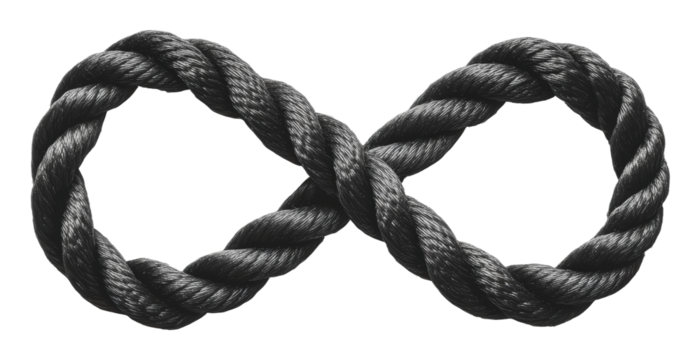 Black rope forming an infinity symbol design, cut out - stock png.