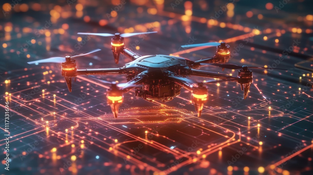 Poster futuristic drone hovering over illuminated circuit board