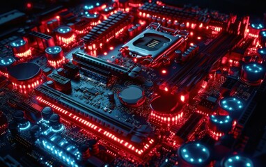 Fototapeta premium High-tech motherboard glowing with red and blue lights in a dark environment showcasing advanced electronics