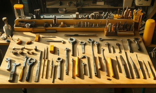 A well-organized workbench filled with various hand tools for crafting.