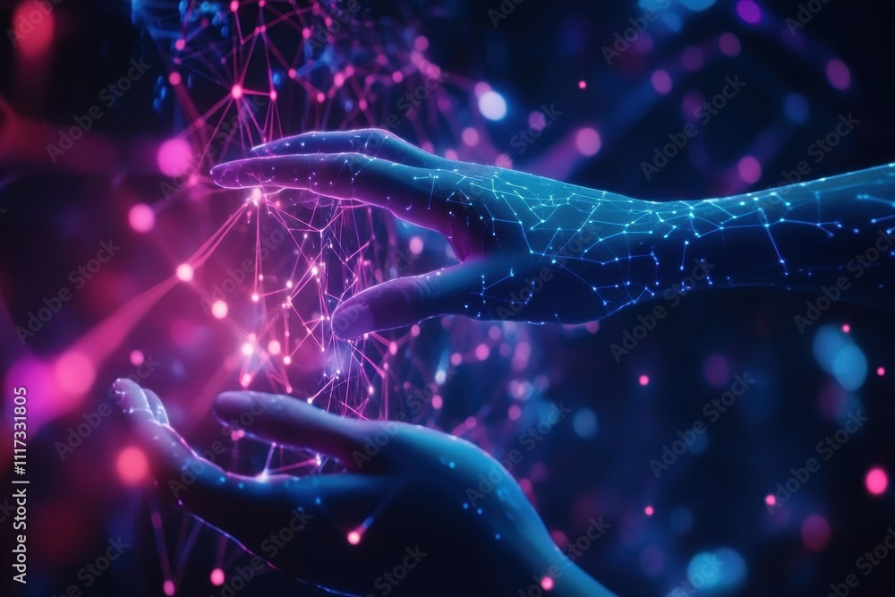 Poster a digital representation of hands interacting with a network of glowing connections.