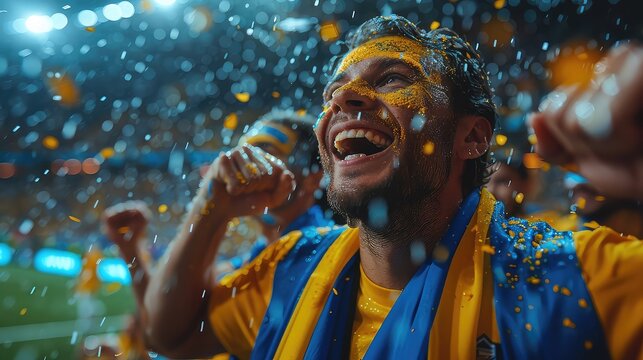 A fan wearing a yellow jersey exhibits a gesture of joy and excitement in a world stadium, enjoying leisure and fun while watching a team sport ball game. AIG41